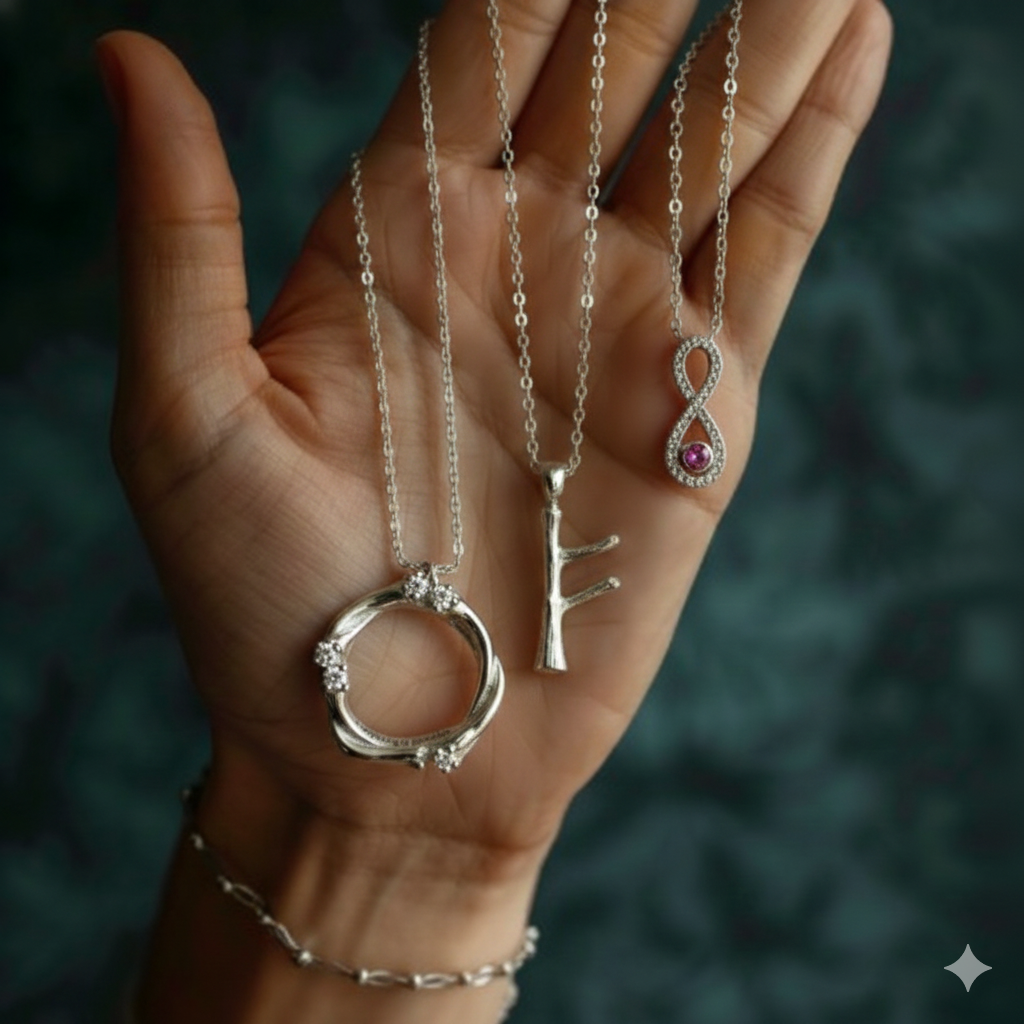 Hand holding three sterling silver necklaces with tree, infinity, and circle pendants by yiru.jeweller