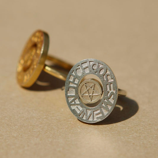 Yiru.jewellery pentacle signet ring with engraved pentagram design on polished silver band.