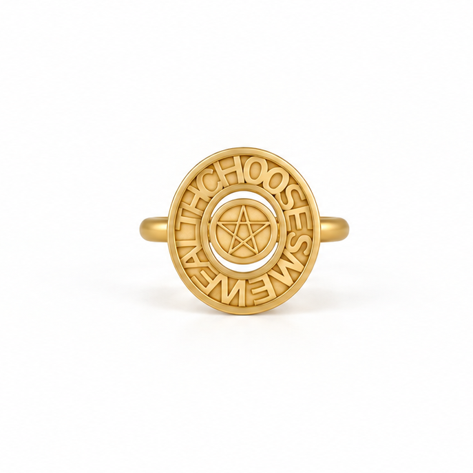 Yiru.jewellery pentacle signet ring with engraved pentagram symbol on polished metal band, close-up view.