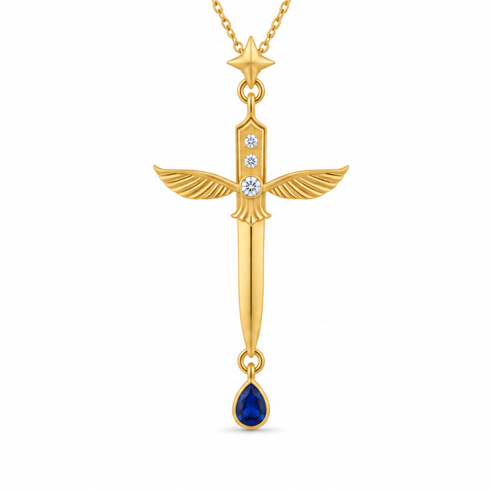 Yiru.jewellery Queen of Swords Tarot pendant featuring a detailed silver design of the Queen of Swords card on a chain