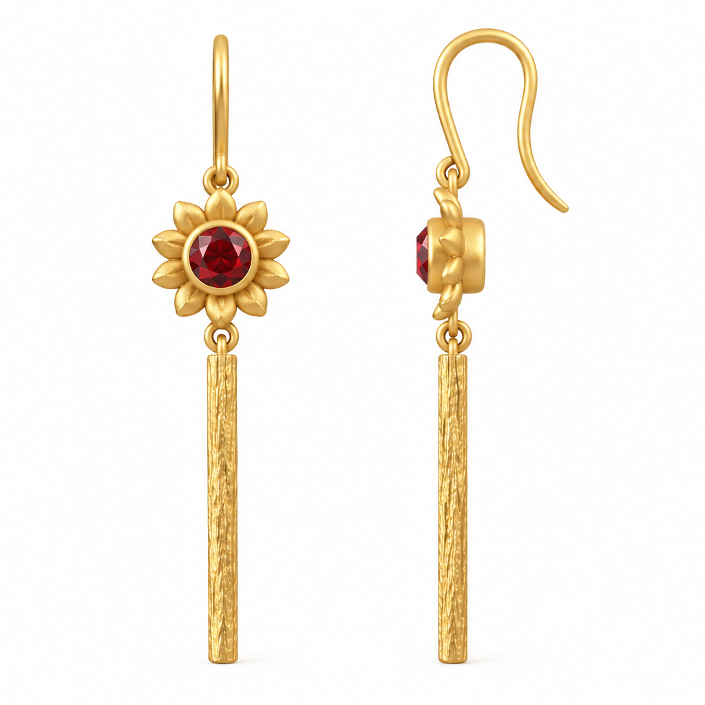 Gold Queen of Wands earrings by yiru.jewellery featuring intricate design and gemstone accents on a white background.