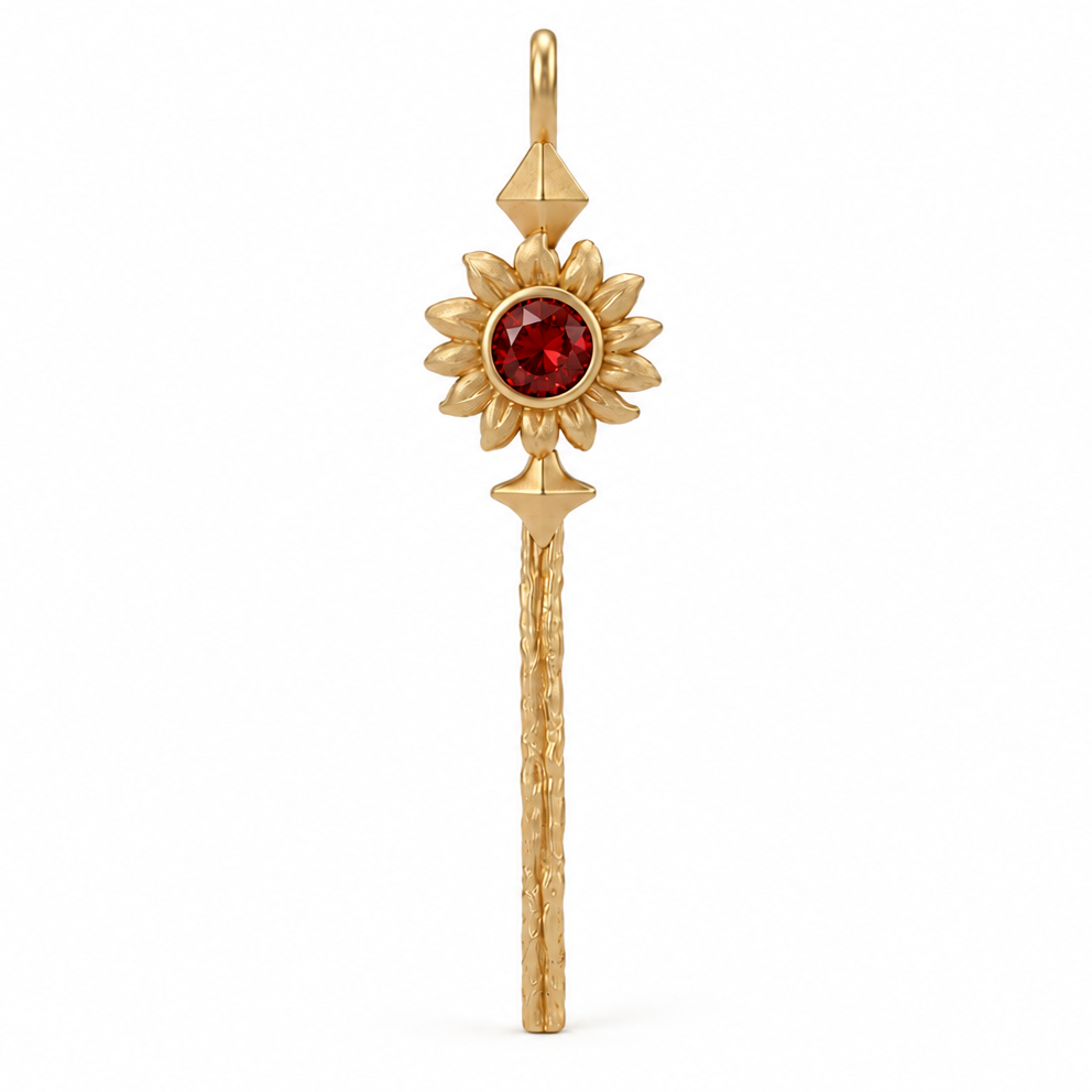 Yiru.jewellery Queen of Wands sunflower pendant featuring a detailed gold-tone design on a chain.