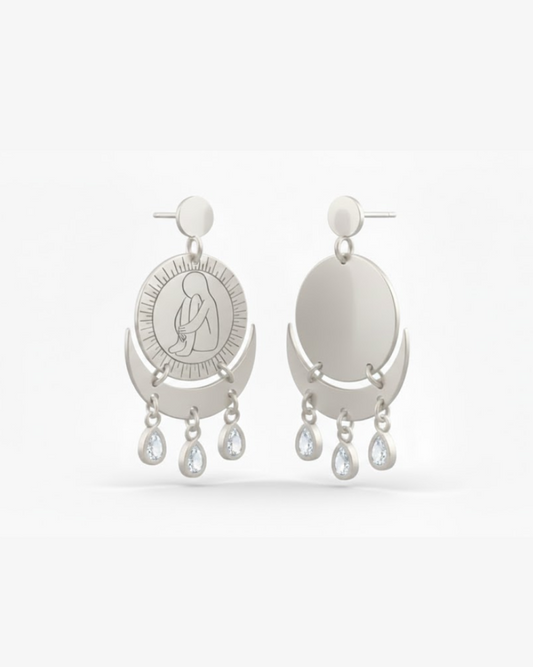Sterling silver drop earrings with engraved figure, moon detail, and crystal accents by yiru.jeweller
